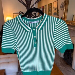 Zara Green and White Striped Short Sleeved Polo Sweater NWT